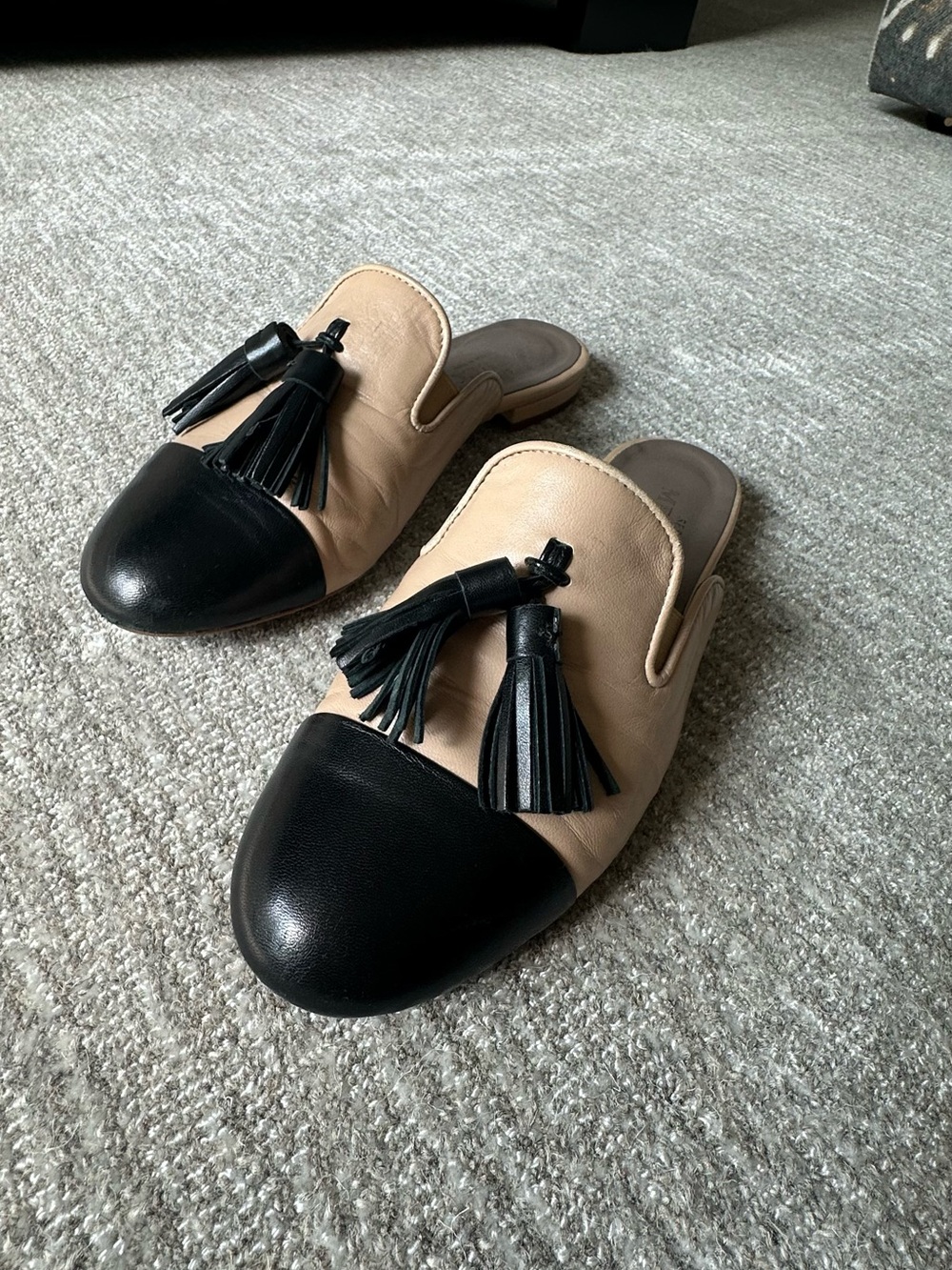 Beige and Black soft leatherTassel Slip-On Mules - Women